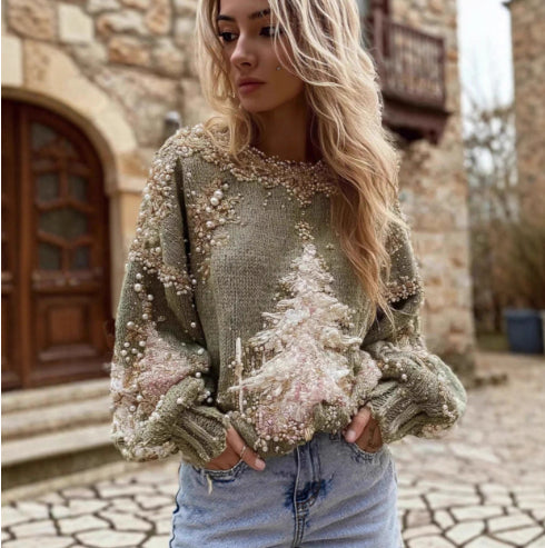 Womens Crew-neck Long-sleeve Printed Sweater