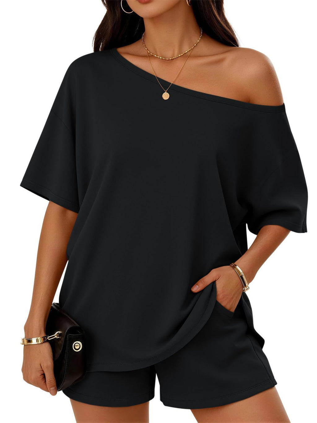 Womens 2-piece Fashionable Casual Set Slant-Neck Top And Shorts  For Loungewear Daily Wear Work Gym Outfit