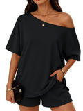 Womens 2-piece Fashionable Casual Set Slant-Neck Top And Shorts  For Loungewear Daily Wear Work Gym Outfit