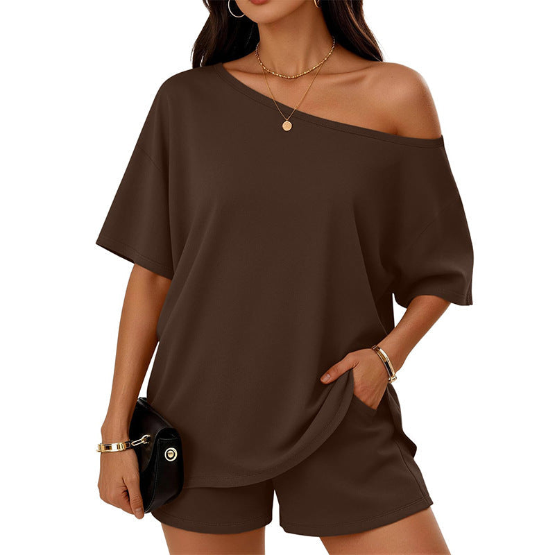 Womens 2-piece Fashionable Casual Set Slant-Neck Top And Shorts  For Loungewear Daily Wear Work Gym Outfit