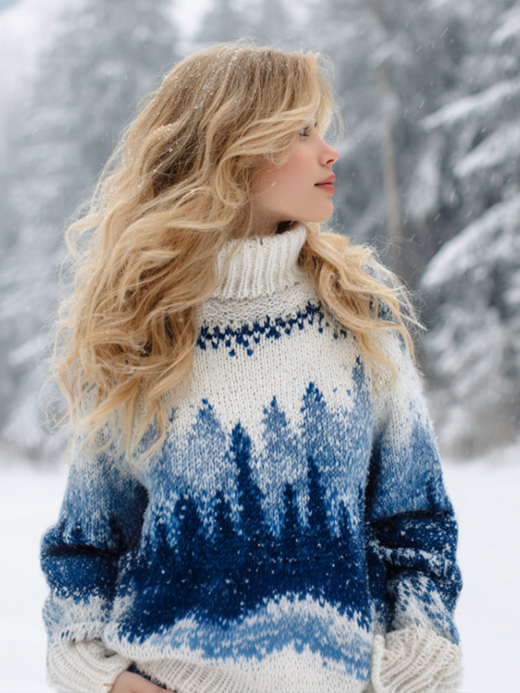 Womens Autumn High-Neck Sweater Retro Print American Streetwear Brand Loose-Fit Sweater