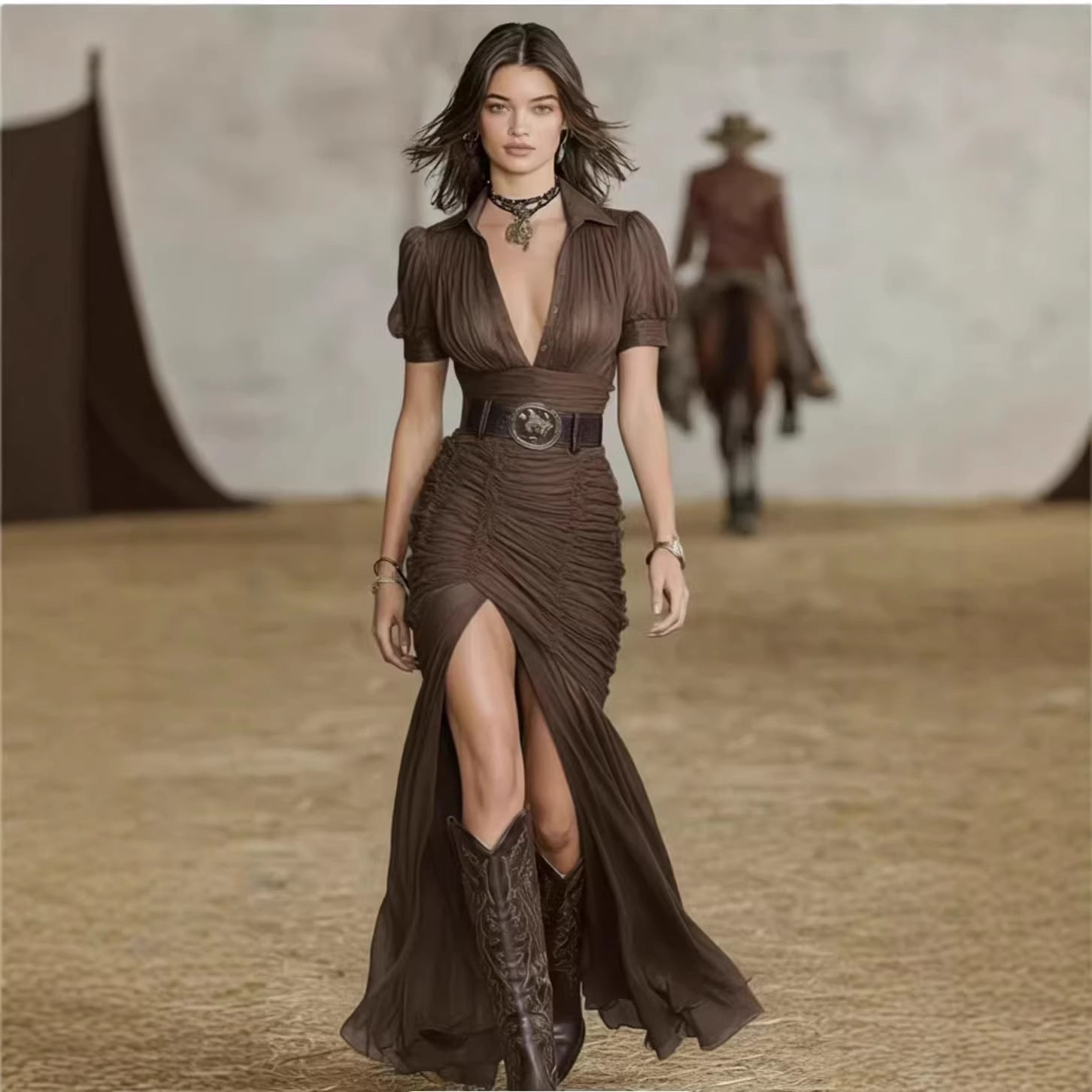 Womens Pleated Collar Button-front Short-sleeve Waist-length Dress