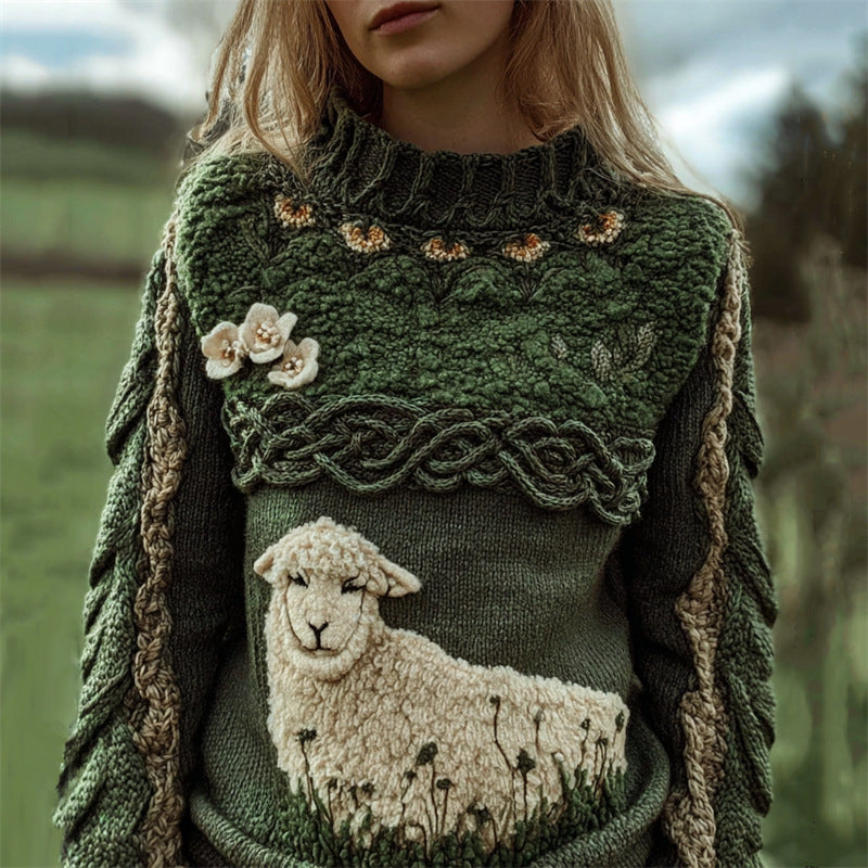 Womens Autumn High-Neck Sweater Retro Print American Streetwear Brand Loose-Fit Sweater
