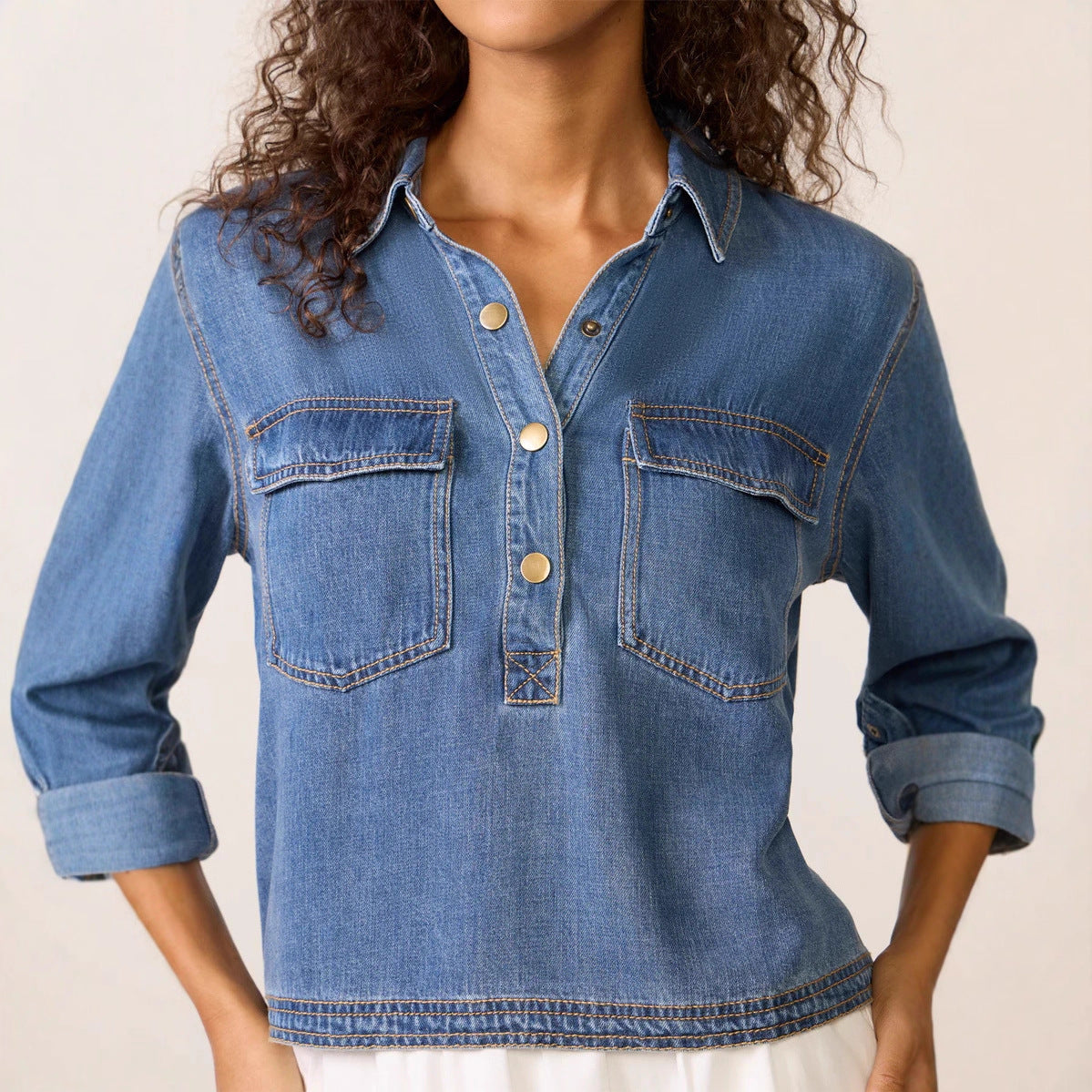 Women Clothing Casual Polo Collar V neck Pullover Denim Shirt