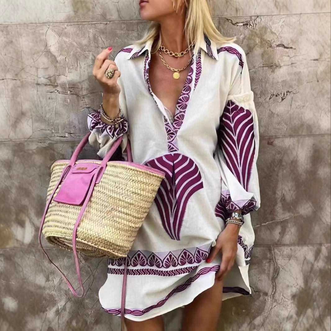 Spring-Summer Casual Long Shirt Dress – Relaxed Long Sleeve V-Neck Tunic, Women's Loose Midi