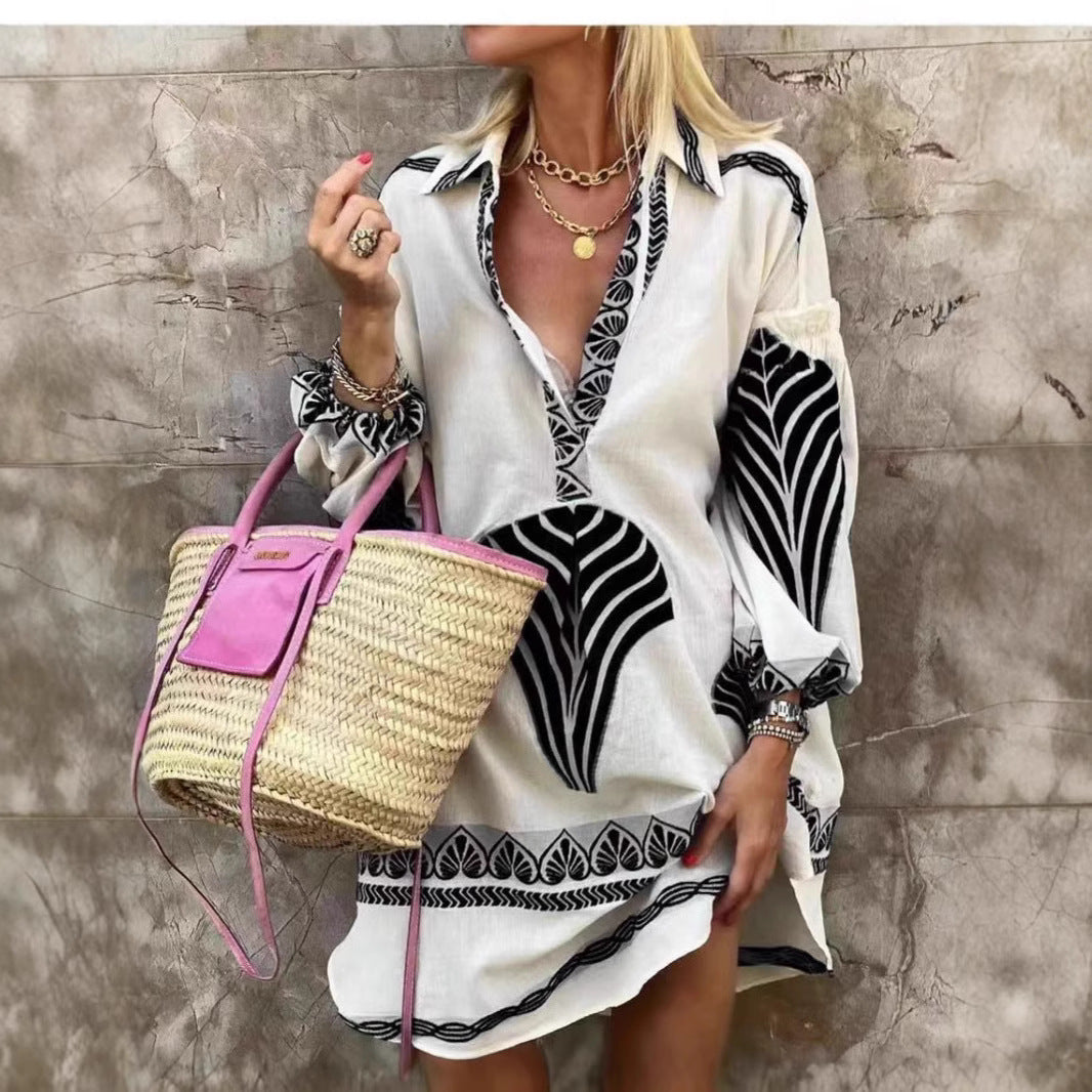 Spring-Summer Casual Long Shirt Dress – Relaxed Long Sleeve V-Neck Tunic, Women's Loose Midi