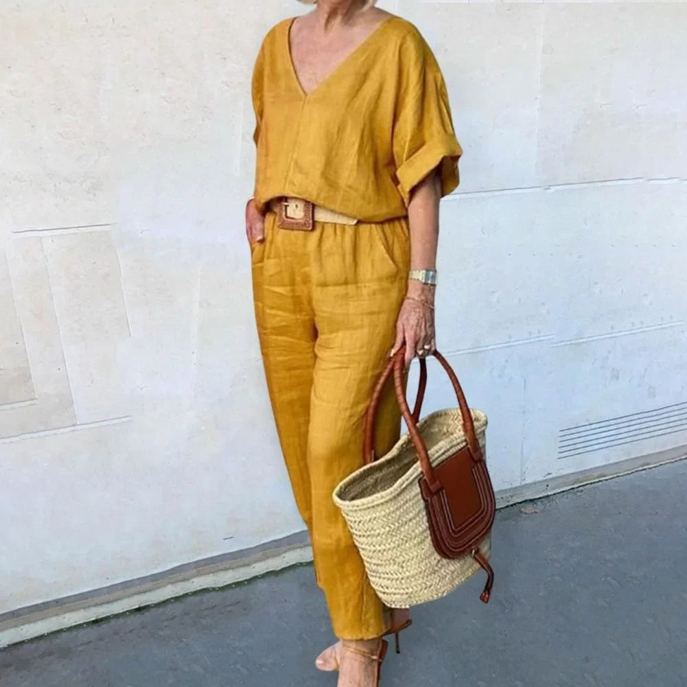 2 piece sets women outfit Women Suits Gray V-neck Short Sleeve Tops Wide Leg Pants Loose 2-piece Set Women Casual Women Clothes