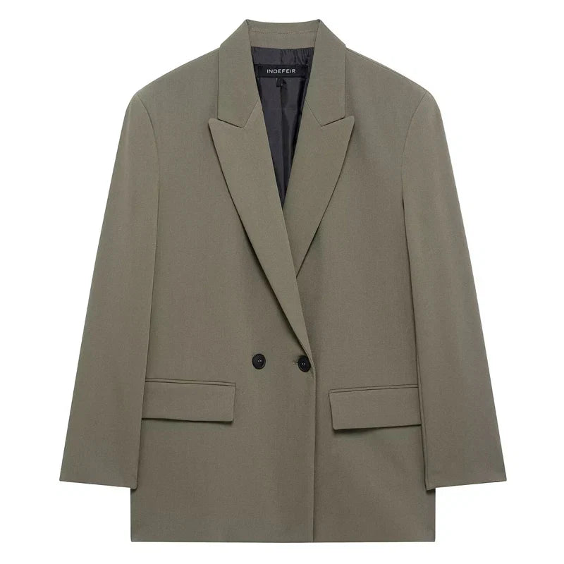 HXAO Blazer Women Double Breasted Pocket Women's Jacket 2025 Long Sleeve Casual Blazers Woman Chic Office Wear Ladies Coat