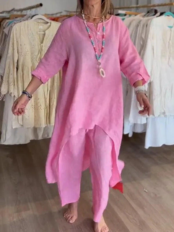 Women's 2pcs Clothing Set Fashion Summer New Suit Casual Long Shirt Blouse Top & Wide Leg Pants Solid Color 2 Piece Sets Outfits