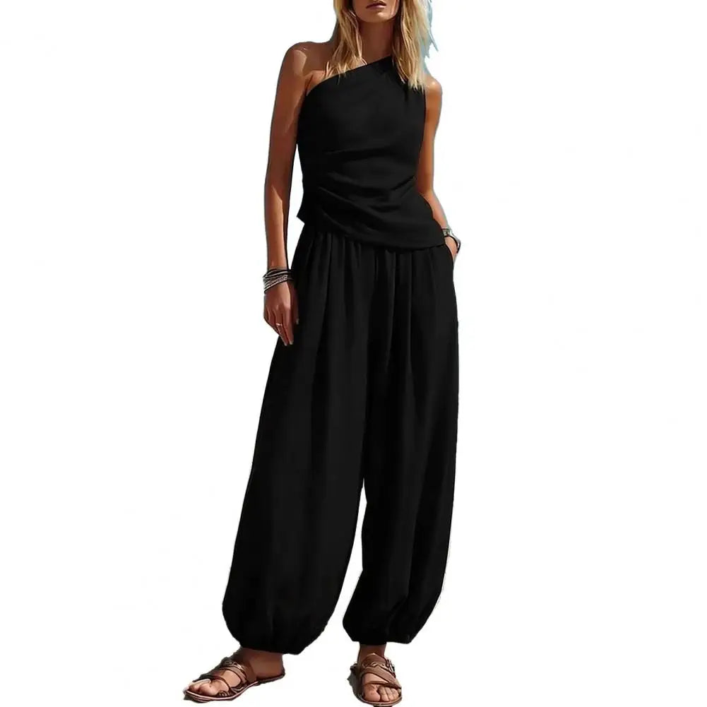 Summer Women Outfit Tank Top Pants Two Piece Set One-shoulder Sleeveless Shirt Solid Color Loose Casual Top Pants Suit