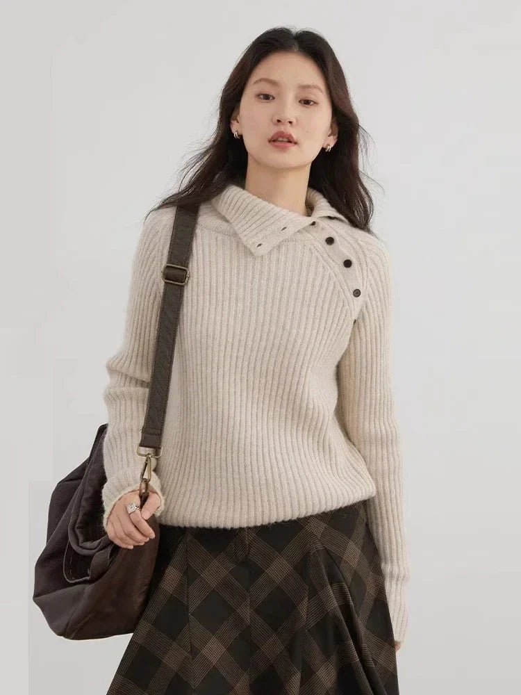 Slanted Collar Knit Sweater Loose Autumn Jumper