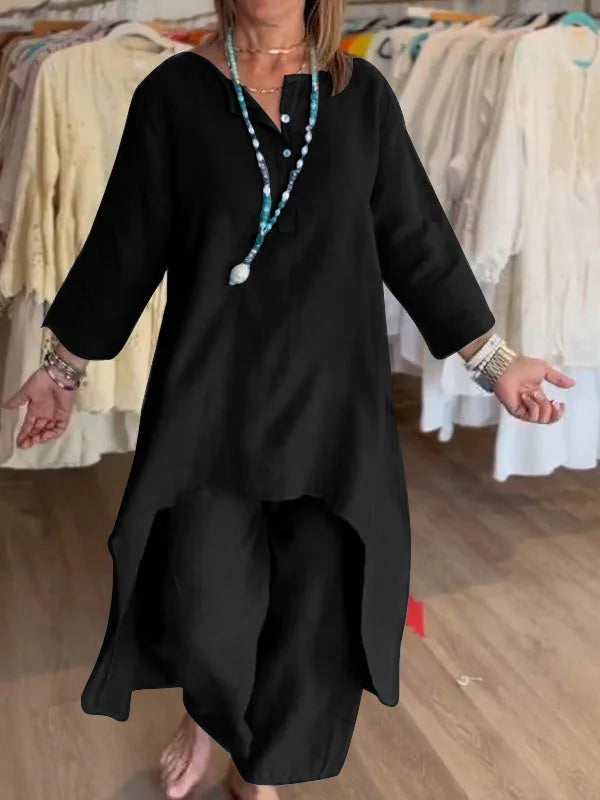 Women's 2pcs Clothing Set Fashion Summer New Suit Casual Long Shirt Blouse Top & Wide Leg Pants Solid Color 2 Piece Sets Outfits