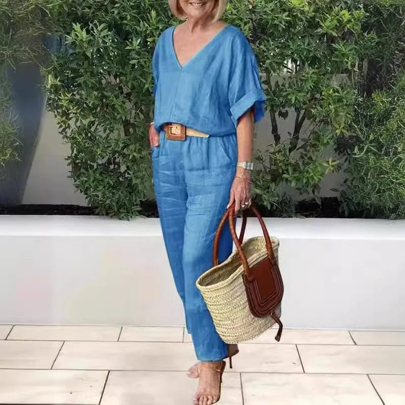 2 piece sets women outfit Women Suits Gray V-neck Short Sleeve Tops Wide Leg Pants Loose 2-piece Set Women Casual Women Clothes