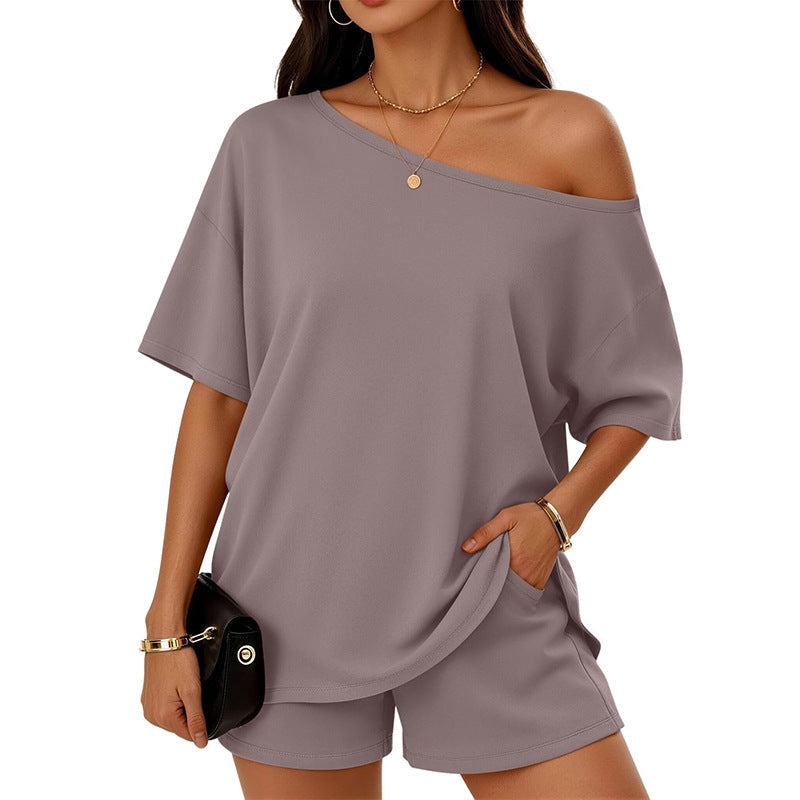 Womens 2-piece Fashionable Casual Set Slant-Neck Top And Shorts  For Loungewear Daily Wear Work Gym Outfit